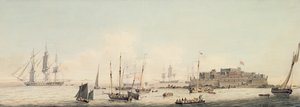 Vista do Castelo Cornet, Guernsey, com frete, c.1800 (wc com caneta e tinta preta sobre grafite no papel)